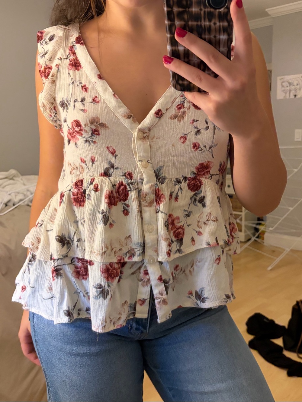 American Eagle Outfitters Cream Floral Ruffle V-Neck Button Top
